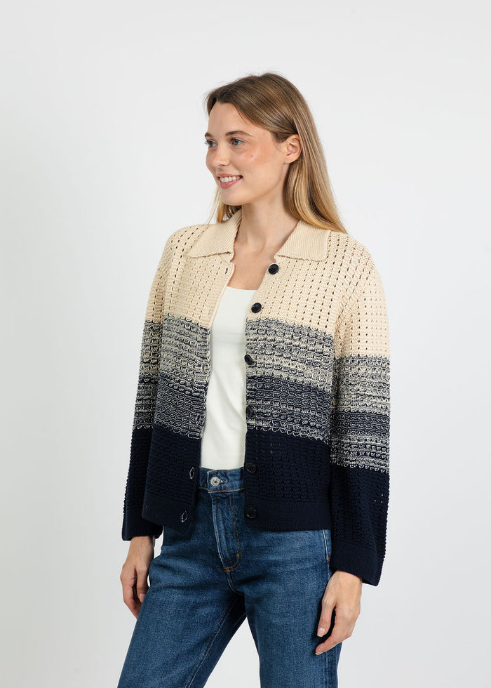 Central Park West Jacy Gradient Crochet Cardigan in Flax/Navy available at Barbara Katz