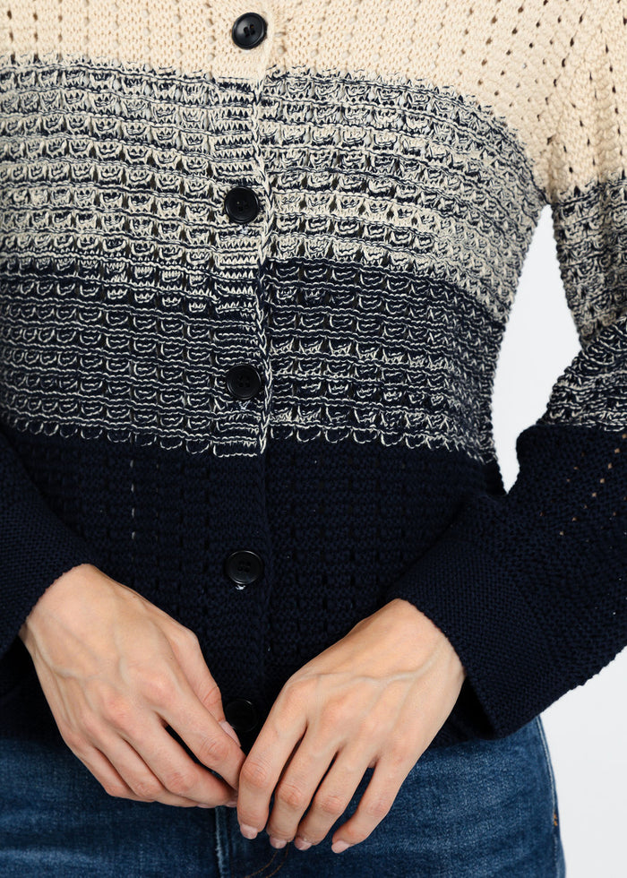 Central Park West Jacy Gradient Crochet Cardigan in Flax/Navy available at Barbara Katz