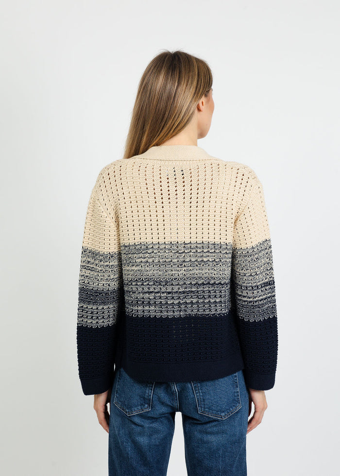 Central Park West Jacy Gradient Crochet Cardigan in Flax/Navy available at Barbara Katz