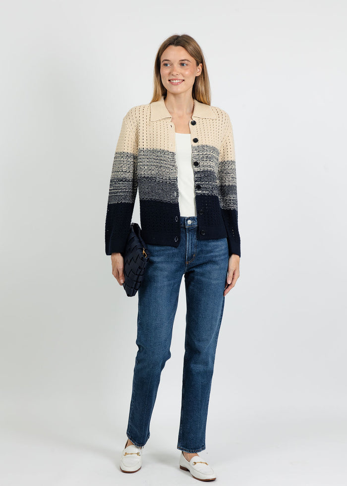 Central Park West Jacy Gradient Crochet Cardigan in Flax/Navy paired with Citizens of Humanity Savannah Cigarette Jean in Cruise available at Barbara Katz