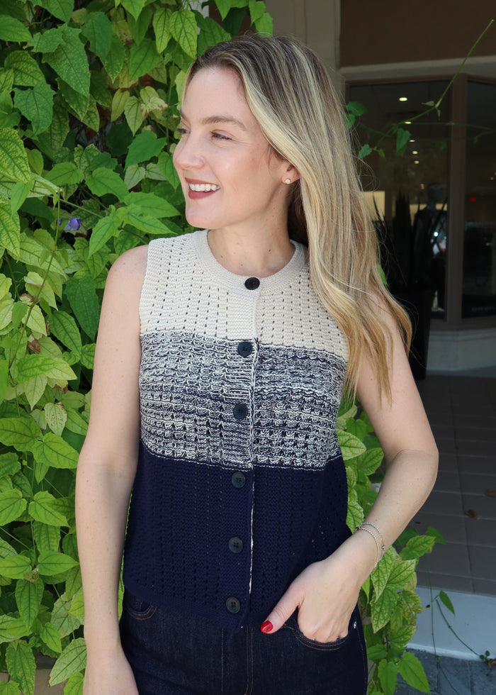 Central Park West Jacy Gradient Crochet Vest in Flax/Navy available at Barbara Katz