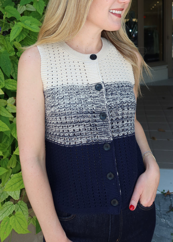 Central Park West Jacy Gradient Crochet Vest in Flax/Navy available at Barbara Katz