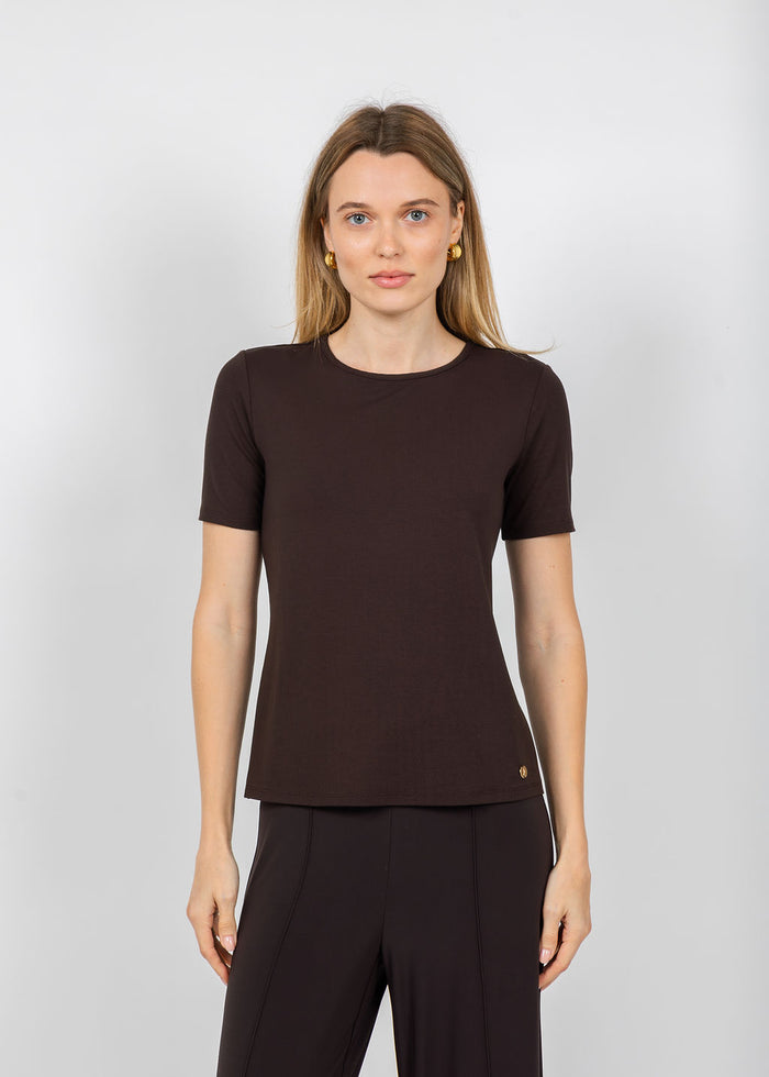 Joseph Ribkoff Jersey Fitted Crewneck Top in Mocha available at Barbara Katz