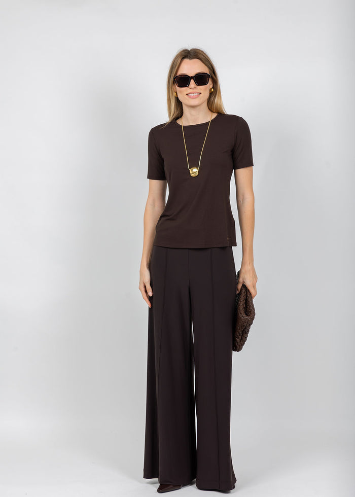 Joseph Ribkoff Jersey Fitted Crewneck Top in Mocha paired with Joseph Ribkoff Silky Knit Pull-On Wide Leg Pants in Mocha available at Barbara Katz