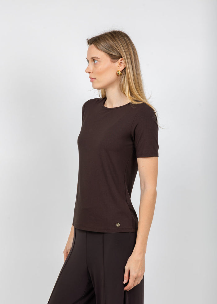 Joseph Ribkoff Jersey Fitted Crewneck Top in Mocha available at Barbara Katz