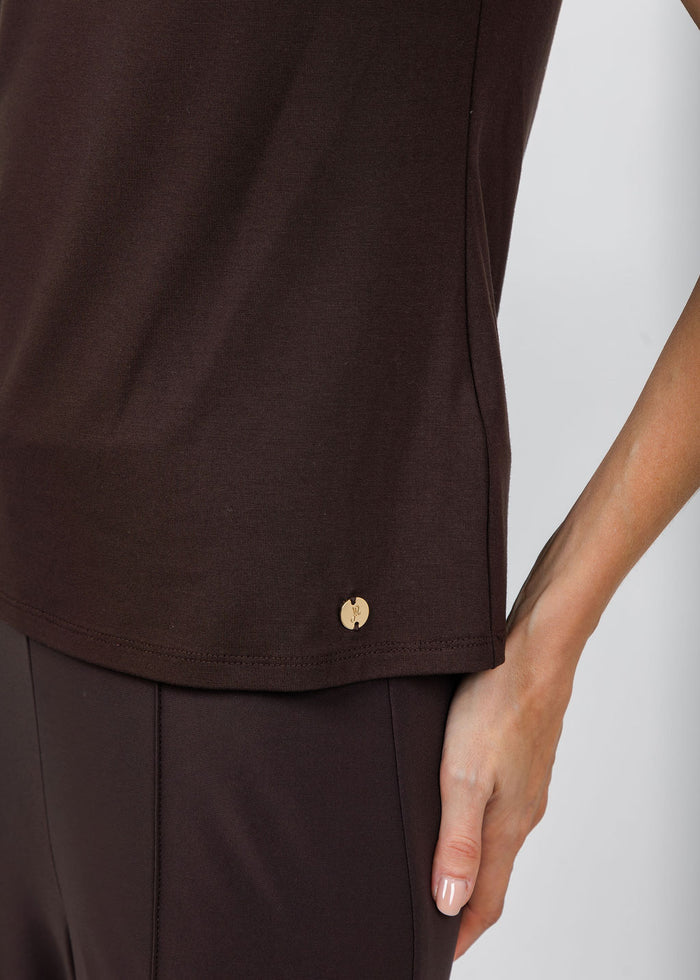 Joseph Ribkoff Jersey Fitted Crewneck Top in Mocha available at Barbara Katz