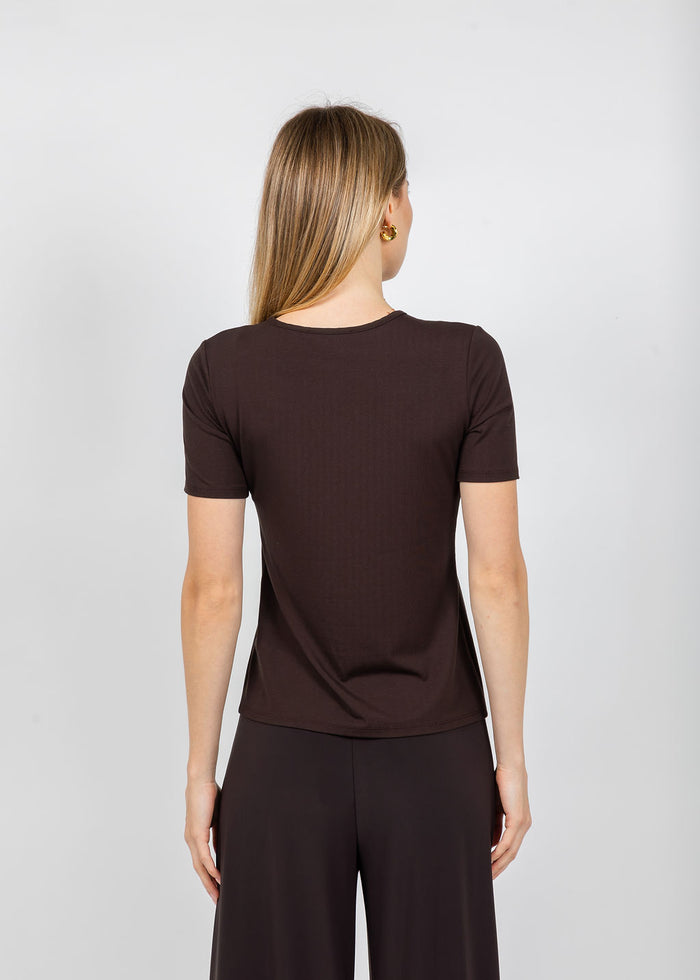 Joseph Ribkoff Jersey Fitted Crewneck Top in Mocha available at Barbara Katz