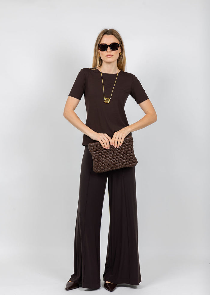 Joseph Ribkoff Jersey Fitted Crewneck Top in Mocha paired with Joseph Ribkoff Silky Knit Pull-On Wide Leg Pants in Mocha available at Barbara Katz