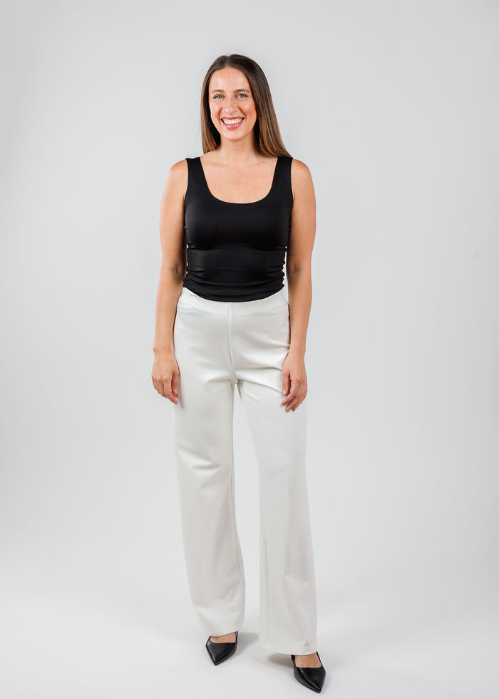 A'nue The Classic Micro Tank Top in Black paired with Peace of Cloth Jules Paramount Knit Pants in Oyster available at Barbara Katz