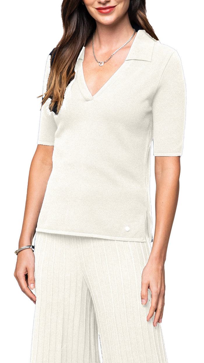 Kyla Piquet-Knit Short Sleeved Polo Top, Beige - Barbara Katz