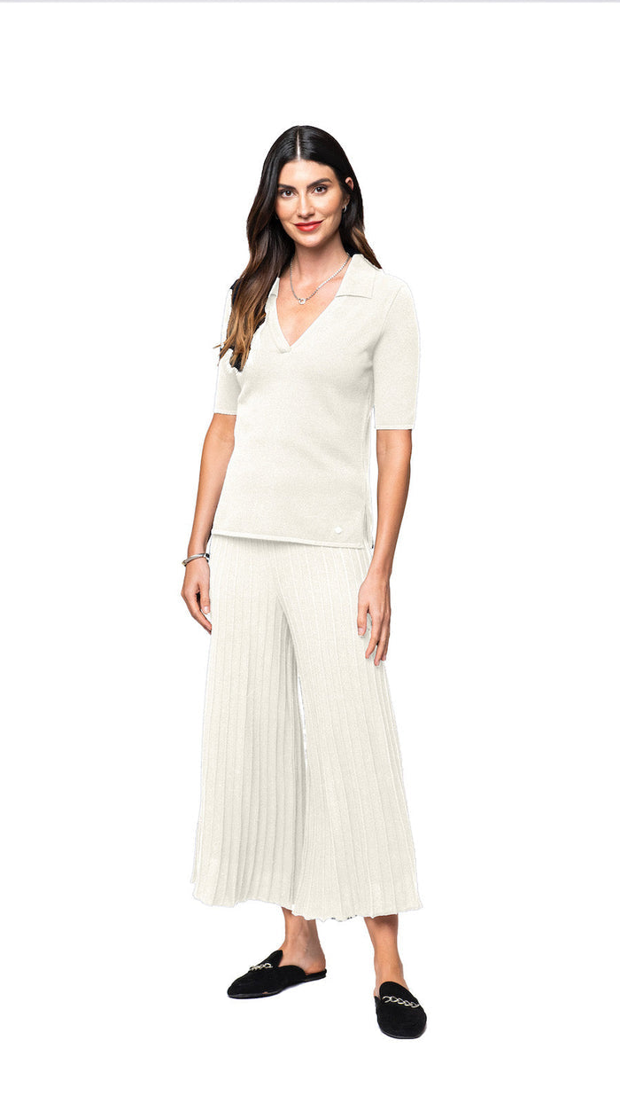 Kyla Piquet-Knit Short Sleeved Polo Top, Beige - Barbara Katz