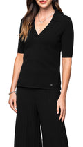 Kyla Piquet-Knit Short Sleeved Polo Top, Black - Barbara Katz