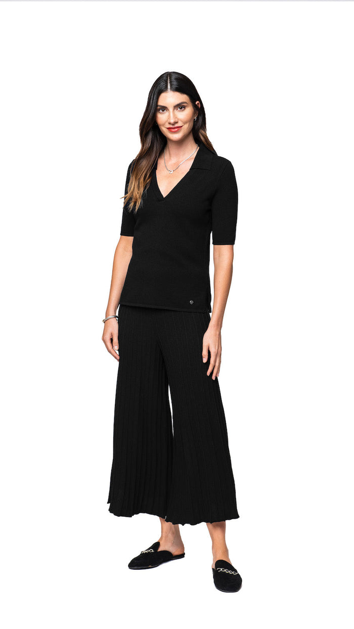 Kyla Piquet-Knit Short Sleeved Polo Top, Black - Barbara Katz