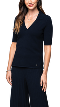Kyla Piquet-Knit Short Sleeved Polo Top, Dark Navy - Barbara Katz