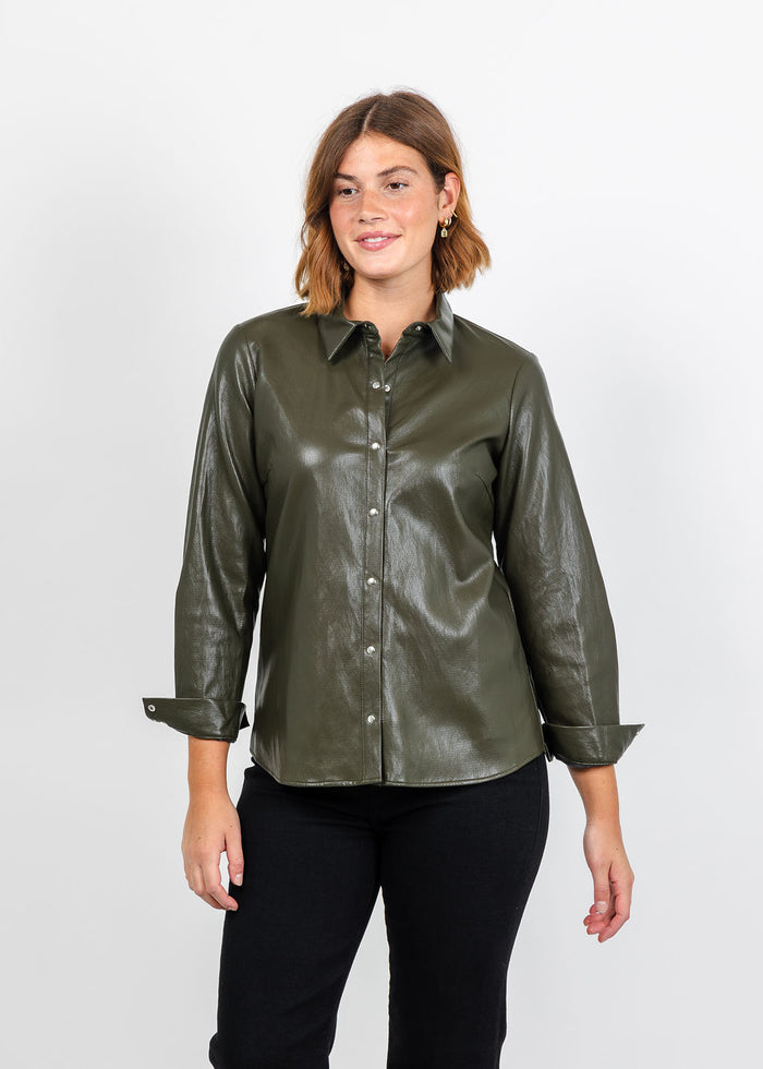 Peace of Cloth Kyle Ultra Faux Shirt in Olive available at Barbara Katz