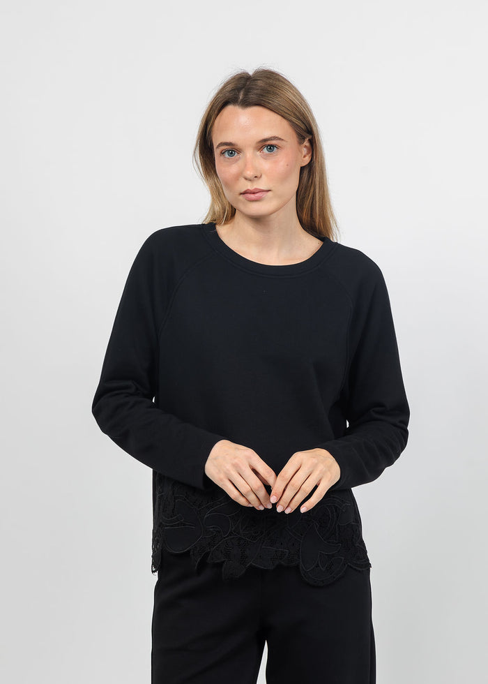 Margittes Lace Bottom Sweatshirt in Black available at Barbara Katz