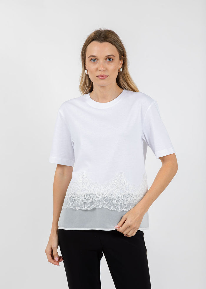 Margittes Lace Hem Short Sleeve Tee in White available at Barbara Katz