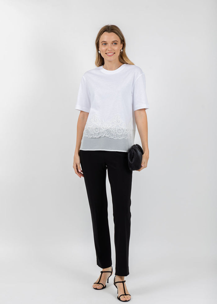 Margittes Lace Hem Short Sleeve Tee in White available at Barbara Katz