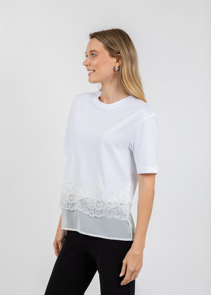 Margittes Lace Hem Short Sleeve Tee in White available at Barbara Katz