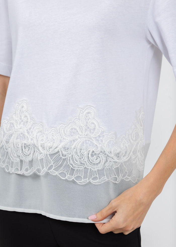 Margittes Lace Hem Short Sleeve Tee in White available at Barbara Katz