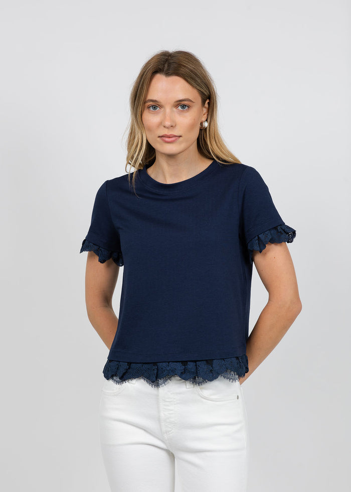 Margittes Lace Trim Crew Neck Tee in Navy available at Barbara Katz