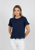 Margittes Lace Trim Crew Neck Tee in Navy available at Barbara Katz