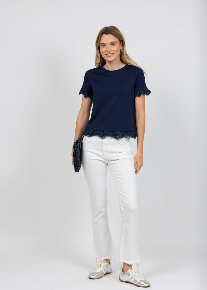 Margittes Lace Trim Crew Neck Tee in Navy available at Barbara Katz