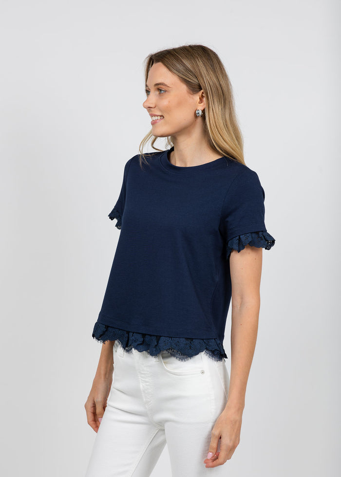 Margittes Lace Trim Crew Neck Tee in Navy available at Barbara Katz