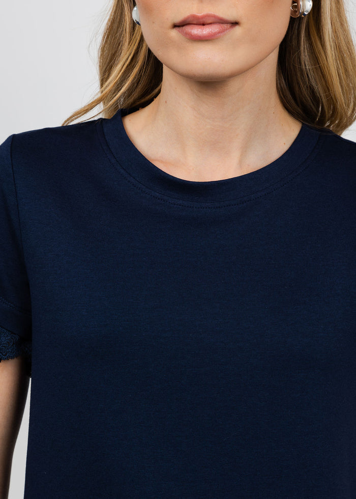 Margittes Lace Trim Crew Neck Tee in Navy available at Barbara Katz