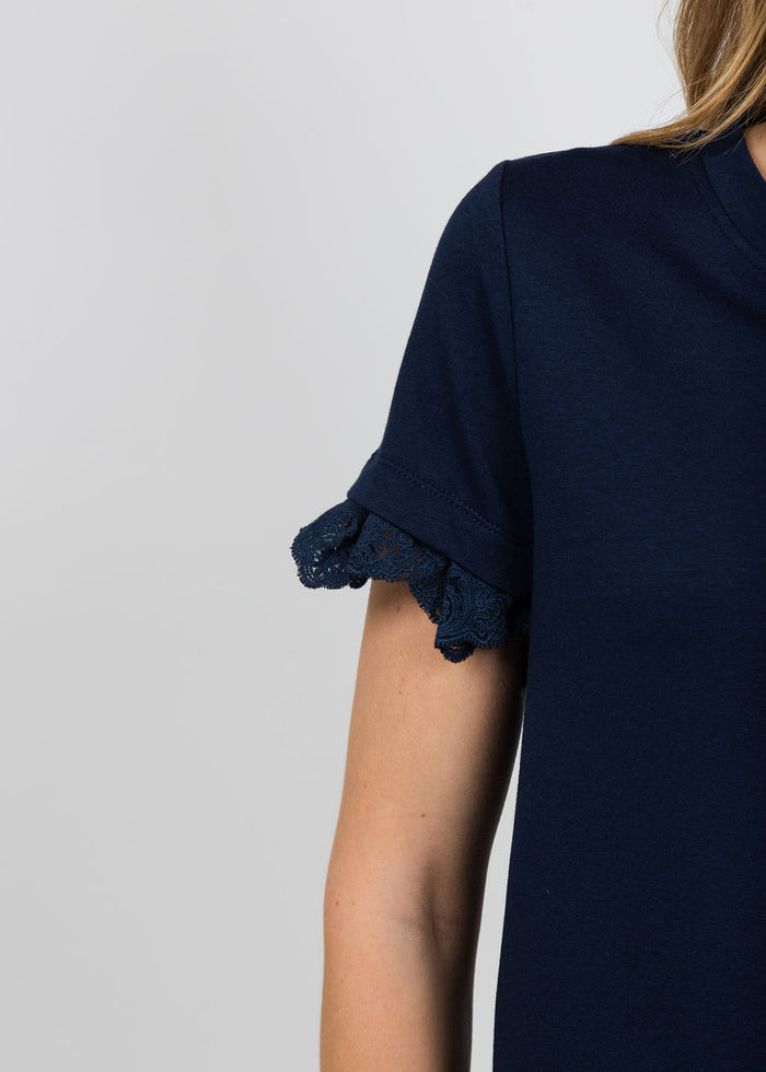 Margittes Lace Trim Crew Neck Tee in Navy available at Barbara Katz