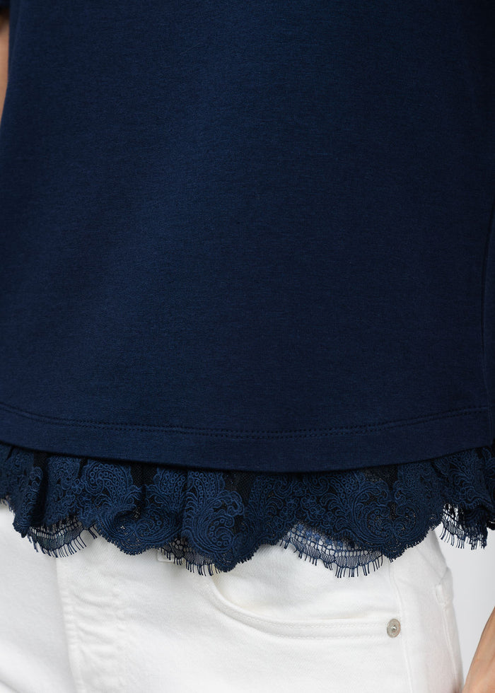 Margittes Lace Trim Crew Neck Tee in Navy available at Barbara Katz