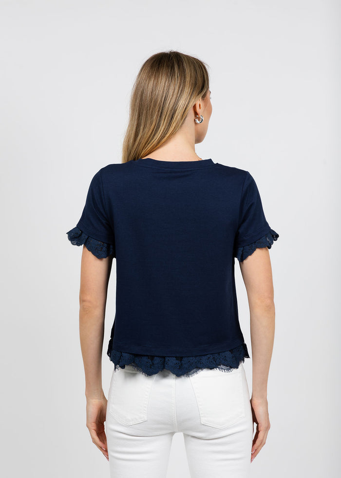 Margittes Lace Trim Crew Neck Tee in Navy available at Barbara Katz