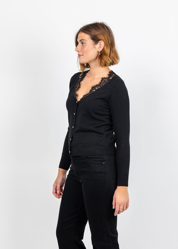 J Society Lace Trim V Neck Cardigan - Black available at Barbara Katz