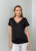 Margittes Lace Trim V Neck Tee in Black available at Barbara Katz