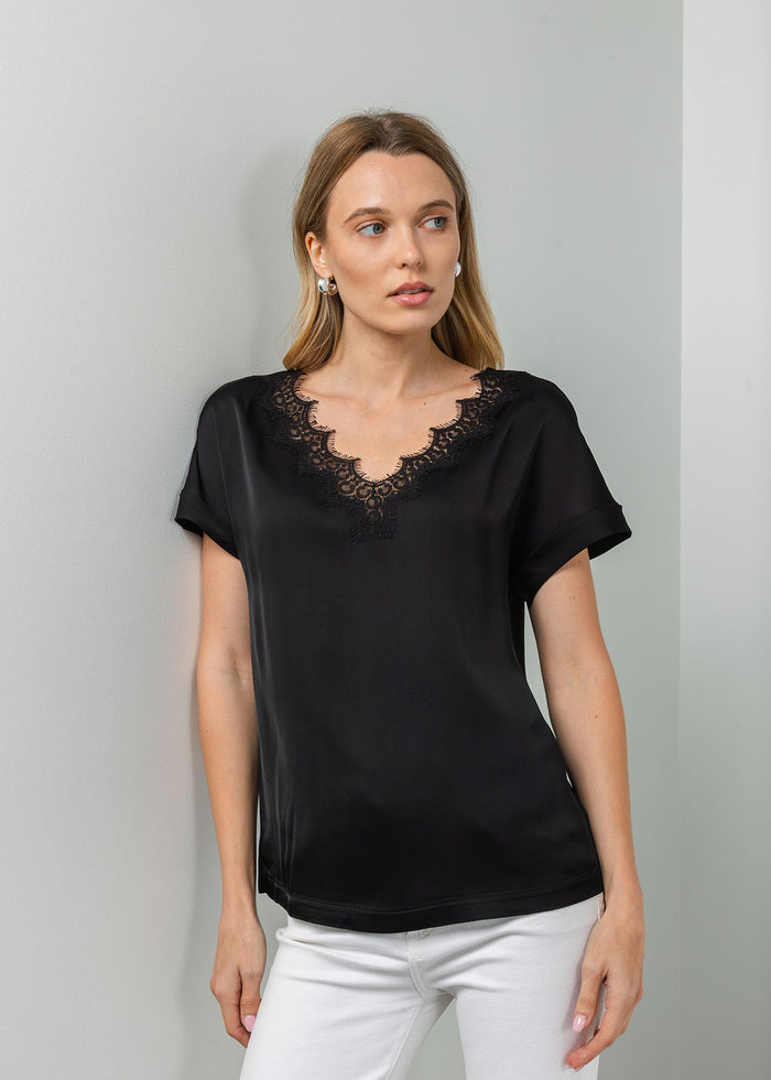 Margittes Lace Trim V Neck Tee in Black available at Barbara Katz