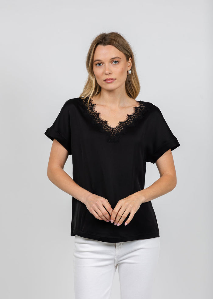 Margittes Lace Trim V Neck Tee in Black available at Barbara Katz