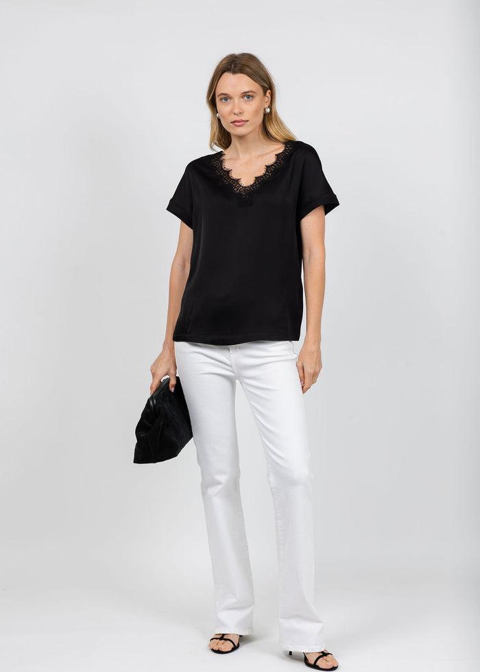 Margittes Lace Trim V Neck Tee in Black available at Barbara Katz