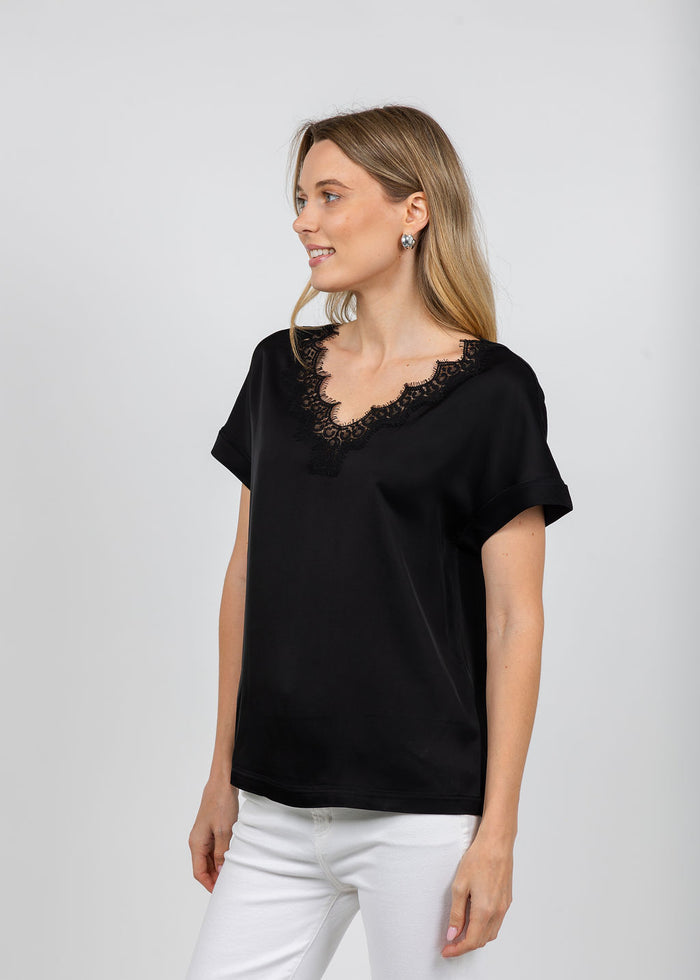 Margittes Lace Trim V Neck Tee in Black available at Barbara Katz