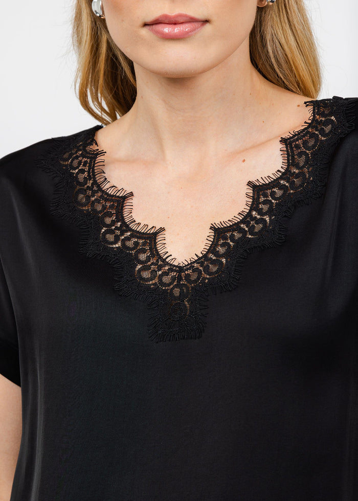 Margittes Lace Trim V Neck Tee in Black available at Barbara Katz