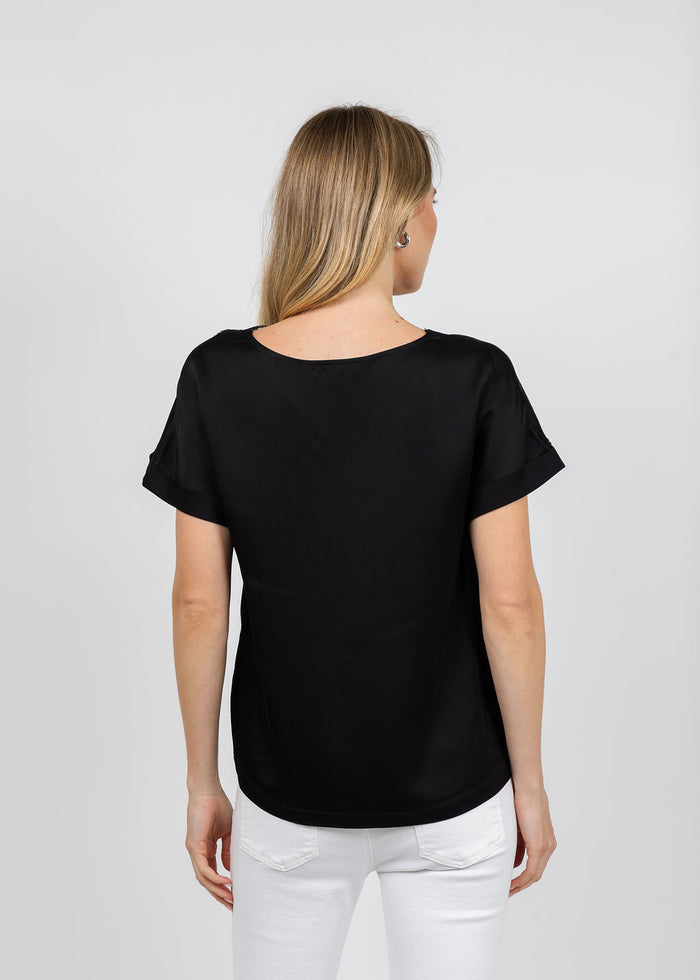 Margittes Lace Trim V Neck Tee in Black available at Barbara Katz