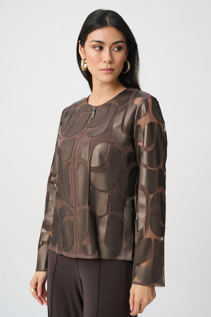 Joseph Ribkoff Leatherette & Mesh Embroidered Jacket in Bronze available at Barbara Katz