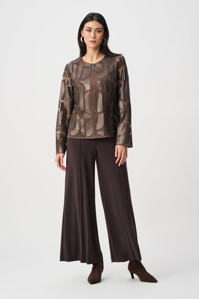 Joseph Ribkoff Leatherette & Mesh Embroidered Jacket in Bronze available at Barbara Katz
