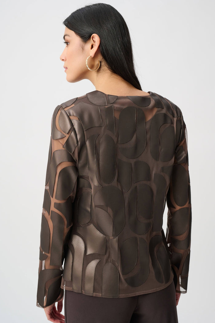 Joseph Ribkoff Leatherette & Mesh Embroidered Jacket in Bronze available at Barbara Katz