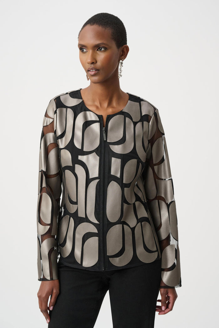 Joseph Ribkoff Leatherette & Mesh Embroidered Jacket in Gunmetal available at Barbara Katz