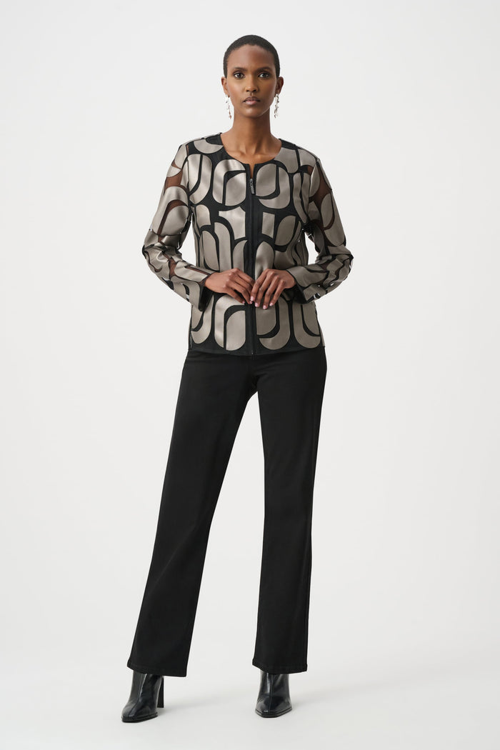 Joseph Ribkoff Leatherette & Mesh Embroidered Jacket in Gunmetal available at Barbara Katz