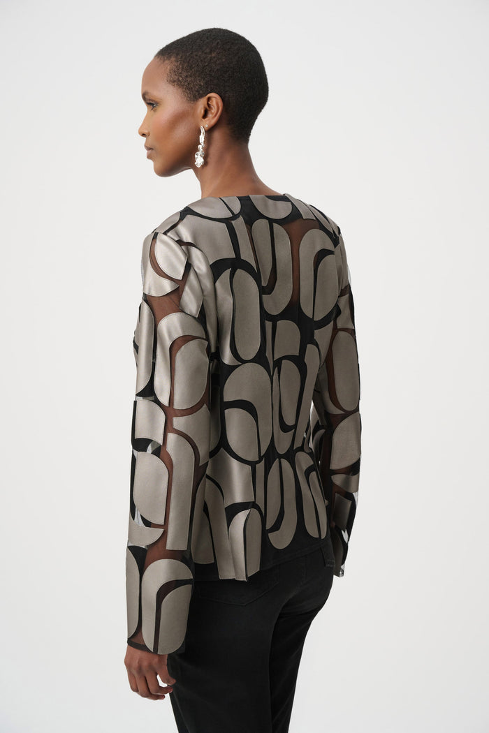 Joseph Ribkoff Leatherette & Mesh Embroidered Jacket in Gunmetal available at Barbara Katz