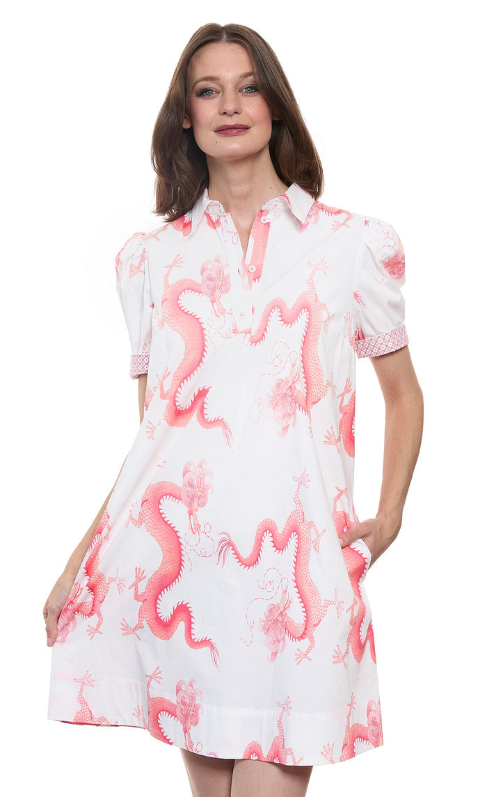 Dizzy-Lizzie Left Bank Puff Sleeve Cotton Dress - Coral White Dragon Print available at Barbara Katz