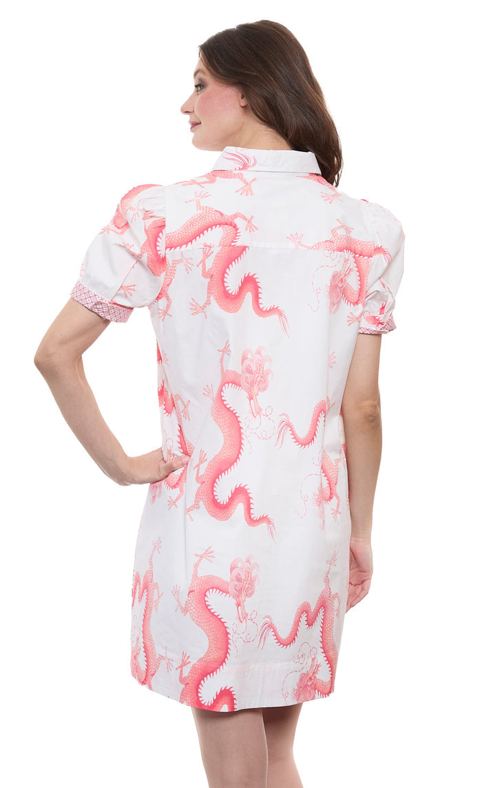 Dizzy-Lizzie Left Bank Puff Sleeve Cotton Dress - Coral White Dragon Print available at Barbara Katz