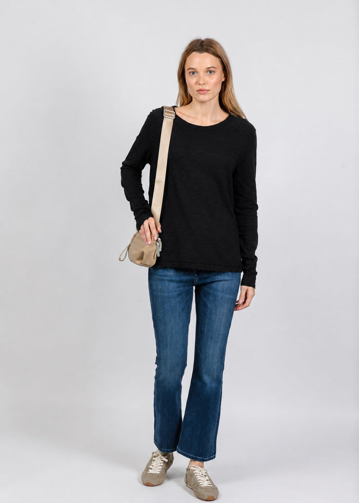 Elliott Lauren Lenny Long Sleeve Rib Trim Tee in Black available at Barbara Katz