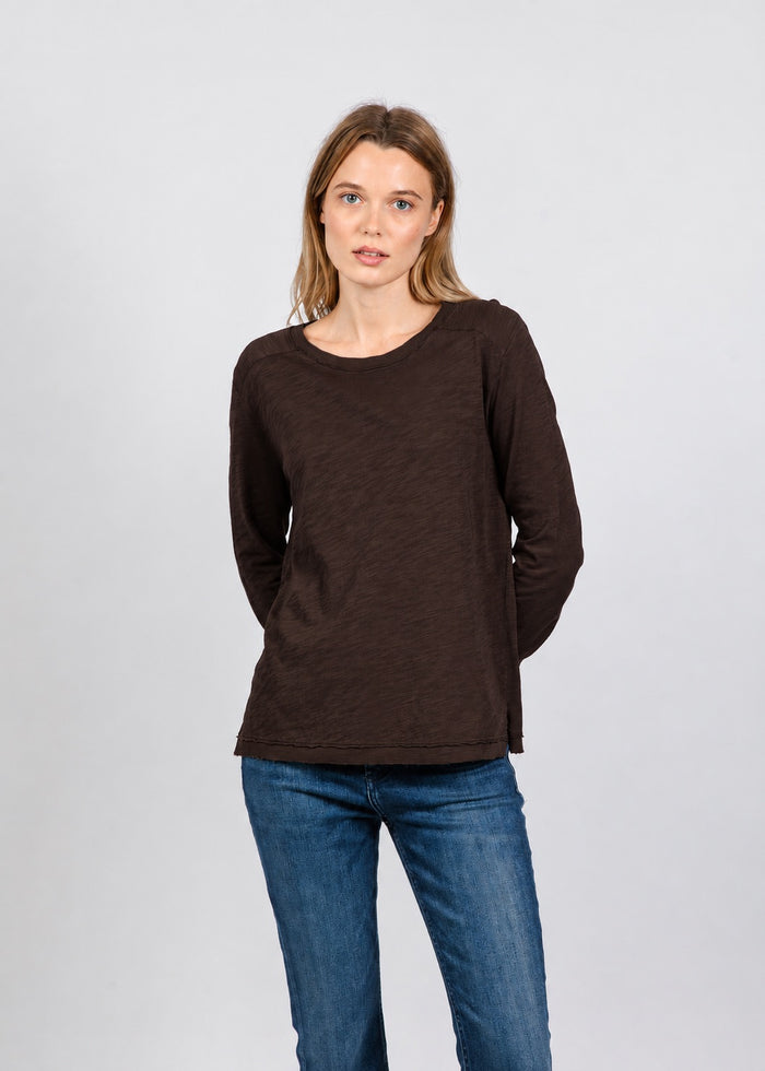 Elliott Lauren Lenny Long Sleeve Rib Trim Tee in Chocolate available at Barbara Katz